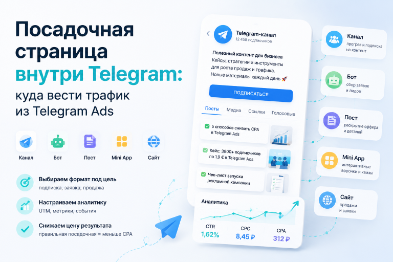 Посадочная страница внутри Telegram: куда вести трафик из Telegram Ads