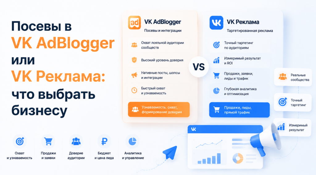 Как сравнить посевы в VK AdBlogger и VK Рекламу по целям бизнеса